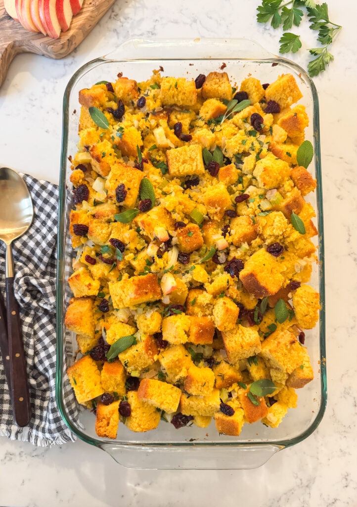 GF Cornbread Stuffing with Apples and Cranberries